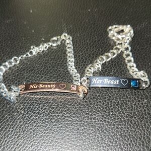 Silver and Black 'His Beauty Her Beast' Bracelet Set